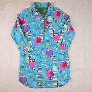Nick & Nora Nightgown Sz. L Turqouise Owls TwoButton Flannel Pajamas Sleep Shirt